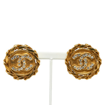 CHANEL Cocomark Rhinestone Earrings Gold Plated Women's