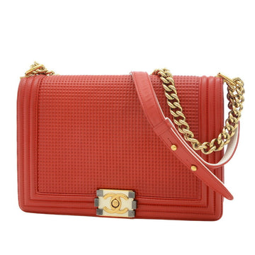 CHANEL Boy Waffle Chain Shoulder Bag Leather Red