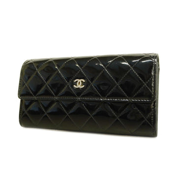 CHANEL Long Wallet Matelasse Patent Leather Black Silver Hardware Women's