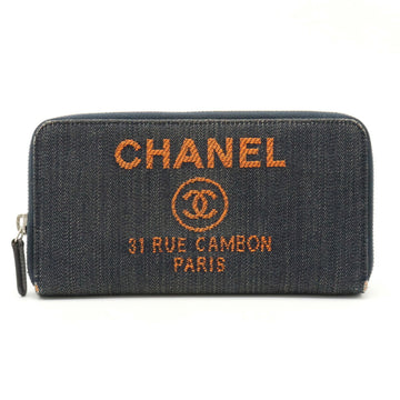 CHANEL Deauville Line Coco Mark Round Long Wallet Leather Navy Orange A81977