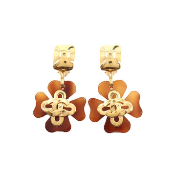 Chanel Clover here mark swing earrings tortoiseshell brown gold 95P vintage accessories Earrings