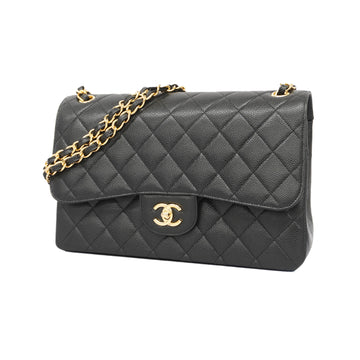 Chanel Big Matelasse W Chain Women's Caviar Leather Shoulder Bag Black