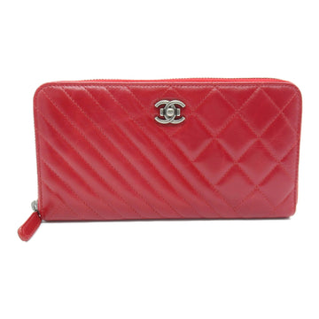 CHANEL Cocoboy cross stitch round long wallet Red leather