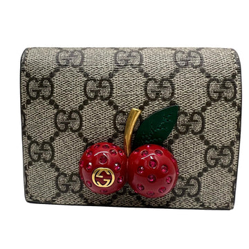 GUCCI Cherry GG Supreme Compact Bifold Wallet Ladies 476050 Beige Red