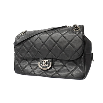 Chanel Matelasse W-chain Women's Leather Shoulder Bag Black