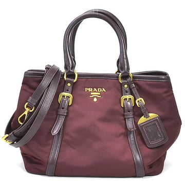 Prada handbag logo nylon/leather burgundy gold ladies