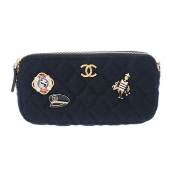 CHANEL Double Zip Chain Shoulder Embroidery Navy Women's Jersey Bag