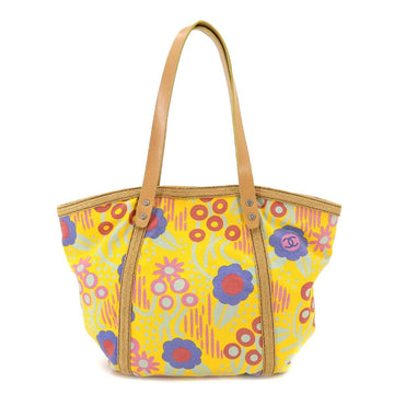 CHANEL high summer flower print tote bag canvas leather yellow multicolor A22078 silver metal fittings Deauville MM