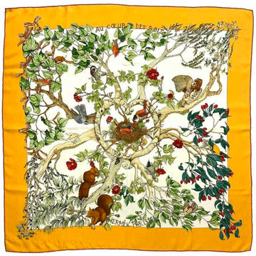 HERMES scarf muffler Carre 90 yellow white green in the woods 100% silk  large size AU COEUR DES BOIS forest tree grass bird animal nut ladies
