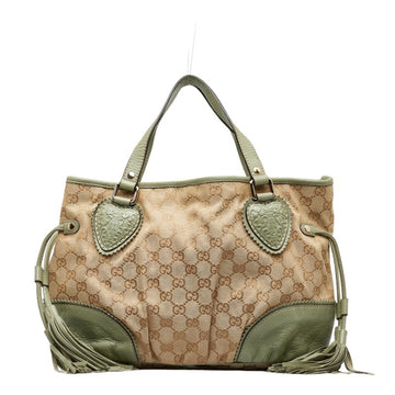 GUCCI GG Canvas Heart Tassel Handbag Tote Bag 211955 Beige Light Green Leather Women's