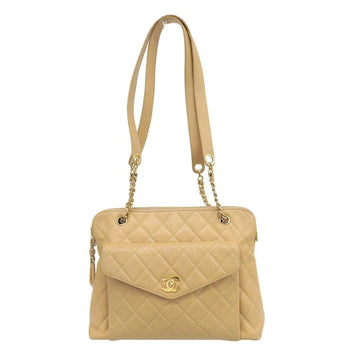 Chanel here mark logo shoulder bag caviar skin beige with seal (4 series) Vintage antique