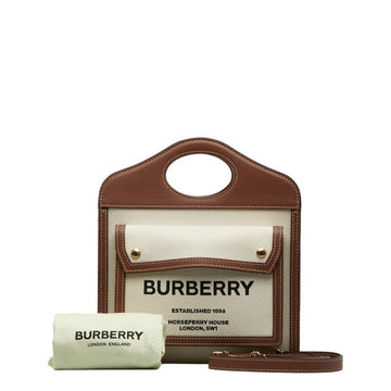 BURBERRY Pocket Bag Handbag Shoulder White Brown Canvas Leather Women's