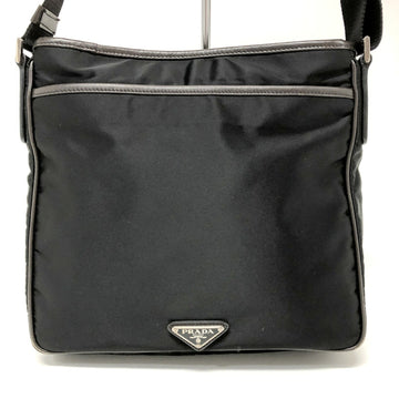 PRADA shoulder bag nylon embossed leather black charcoal silver metal fittings triangular plate ladies