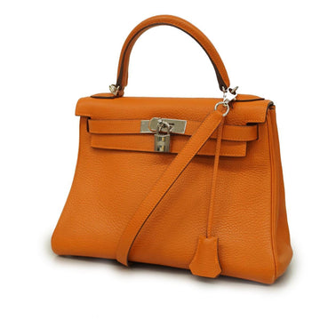 HERMES Handbag Kelly 28 J Stamp Taurillon Clemence Orange Silver Hardware Ladies