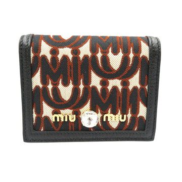 MIU MIU Miu Jacquard Leather Crystal Black Beige Brown Bifold Wallet