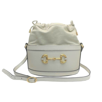 GUCCI Horsebit 1955 Bucket Bag Shoulder 602118 Leather Drawstring Gold Hardware White Ivory