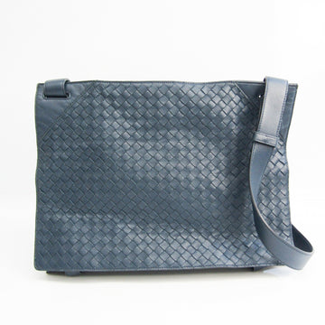 Bottega Veneta Intrecciato Unisex Leather Shoulder Bag Navy