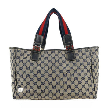 GUCCI Sherry Line Handbag 145758 GG Canvas Leather Beige Navy Silver Hardware Horsebit Tote Bag