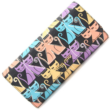 MIU MIU Miu Bifold Long Wallet 5MH109 Black Multicolor Leather Animal Cat Madras Ladies Miumiu