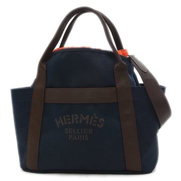 HERMES Unisex Canvas Handbag,Shoulder Bag,Tote Bag Brown,Navy,Orange