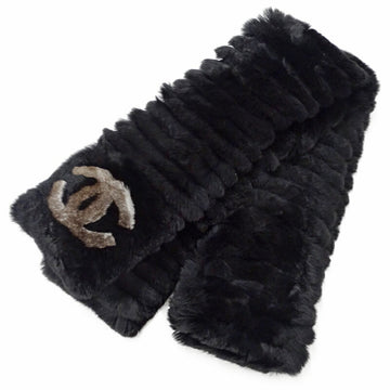 CHANEL Muffler Women's Stole Lapin Rabbit Fur Black Ori Rag Warm