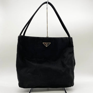 PRADA tote bag shoulder armrest triangle plate logo white tag black nylon ladies USED