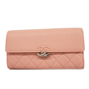 CHANEL Long Wallet Matelasse Half Coco Lambskin Light Pink Silver Hardware Women's