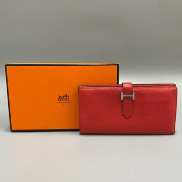 HERMES Logo Metal Fittings Bearn Souffle Vaux Epson Leather Genuine Long Wallet Red