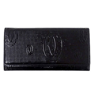 CARTIER Wallet Women's Brand Long Happy Birthday Patent Leather Embossed Black Fashionable Compact