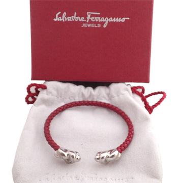 SALVATORE FERRAGAMO Bracelet Bangle Heart Motif Leather/Metal Dark Red/Silver Women's