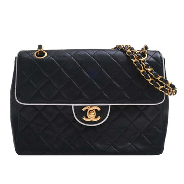 CHANEL Lambskin Matelasse Coco Mark W Chain Shoulder Bag Black Ladies