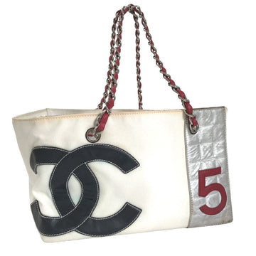 CHANEL tote bag No.5 chocolate bar chain canvas leather white ladies