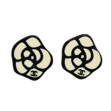 CHANEL Earrings Coco Mark Camellia Flower Motif Plastic White Black 03P Ladies