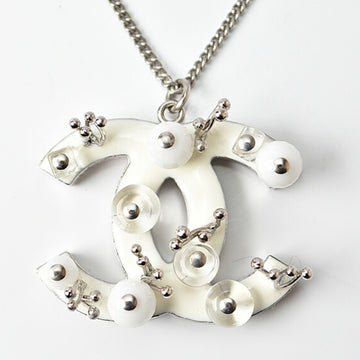 CHANEL necklace pendant  here mark CC studs silver white