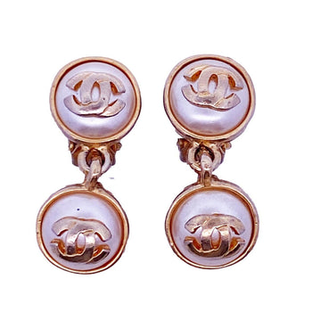 CHANEL earrings vintage here mark round shape circle fake pearl GP plated gold ladies