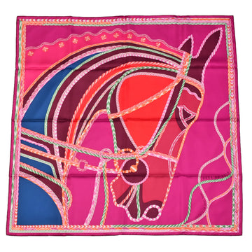 HERMES KARE90 Silk Scarf ROBE DU SOIR Horse Pattern Red Pink Blue