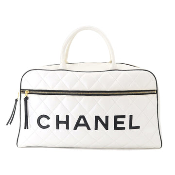 CHANEL Matelasse Logo Boston Bag Leather White A05943 Vintage Gold Hardware