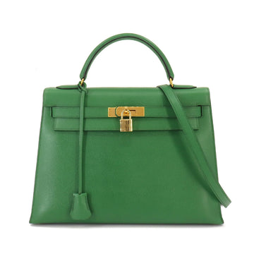 HERMES Kelly 32 2way hand shoulder bag Couchevel Epson Green 〇W engraved Outside stitching Gold Hardware