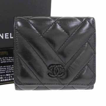 CHANEL V Stitch Chevron Design Coco Mark Logo Trifold Wallet Leather Black with Seal 28 Series