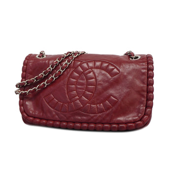 CHANELAuth  W-chain Women's Leather Shoulder Bag Bordeaux