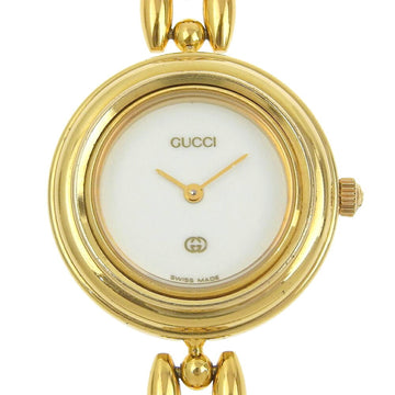 GUCCI Change Bezel Watch 1100-L Gold Plated Swiss Made Quartz Analog Display White Dial Ladies