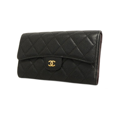 Chanel Matelasse Tri-fold Long Wallet GoldMetal Women's CaviarLeather Black