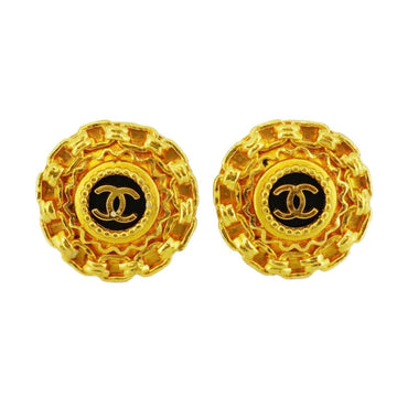 CHANEL Earrings Vintage Coco Mark Round Circle Chain GP Plated Gold Black 95A Women's