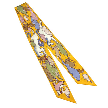 HERMES Twilly A Thousand and One Rabbit Silk MILLE ET UN LAPINS Scarf Women's Bouton d'Or Palm Beige TWILLY 23SS New Bird Horse Yellow