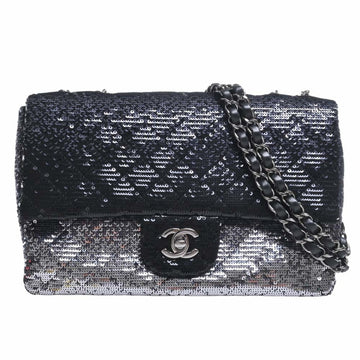 CHANEL Sequin Leather Matelasse Coco Mark Chain Shoulder Bag Black Ladies