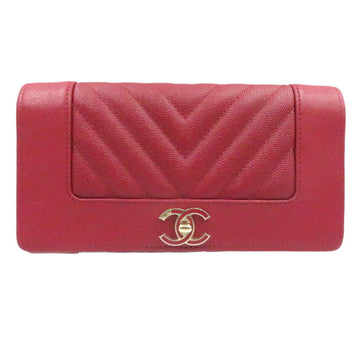 Chanel Mademoiselle Chevron Caviar Skin Red 28s Long Wallet 0220 CHANEL