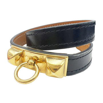 HERMES Rival Double Tour Bracelet Size T2 D Engraved Made in 2019 Gold Hardware Women's Black Accessories