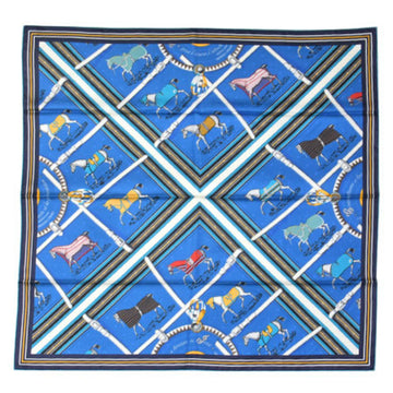 HERMES Carre 90 double face reversible silk scarf muffler Couvertures et tenues de Jour horse wear blue black