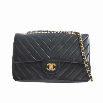 Chanel lambskin V stitch here mark W flap chain shoulder bag black