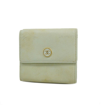 CHANEL Trifold Wallet Coco Button Leather Light Blue Gold Hardware Women's